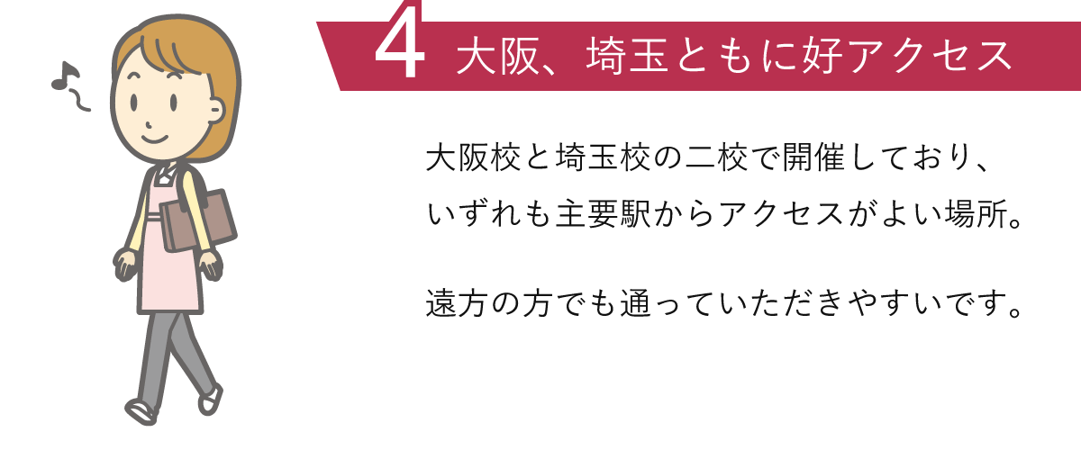 理由4.東京、大阪ともに好アクセス：埼玉校と大阪校の二校で開催しており、いずれも主要駅からアクセスがよい場所。遠方の方でも通っていただきやすいです。